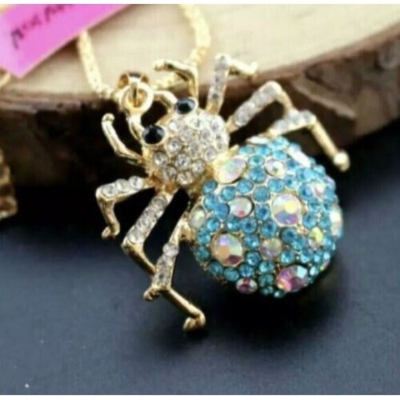 NEW Betsey Johnson Necklace Blue Rhinestone Spider Gold Chain NWT - Picture 7 of 10